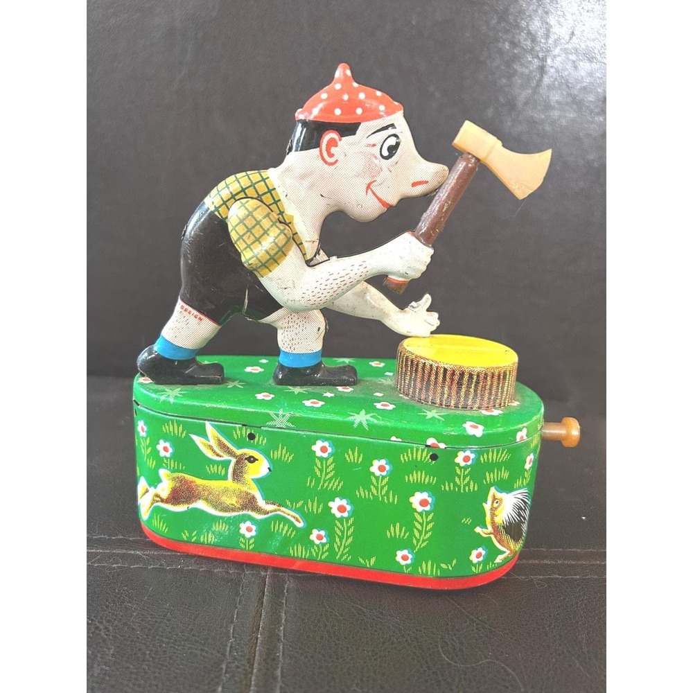 Antique Tin Woodcutter Toy Rabbit Hedgehog Litho Base Action Toy